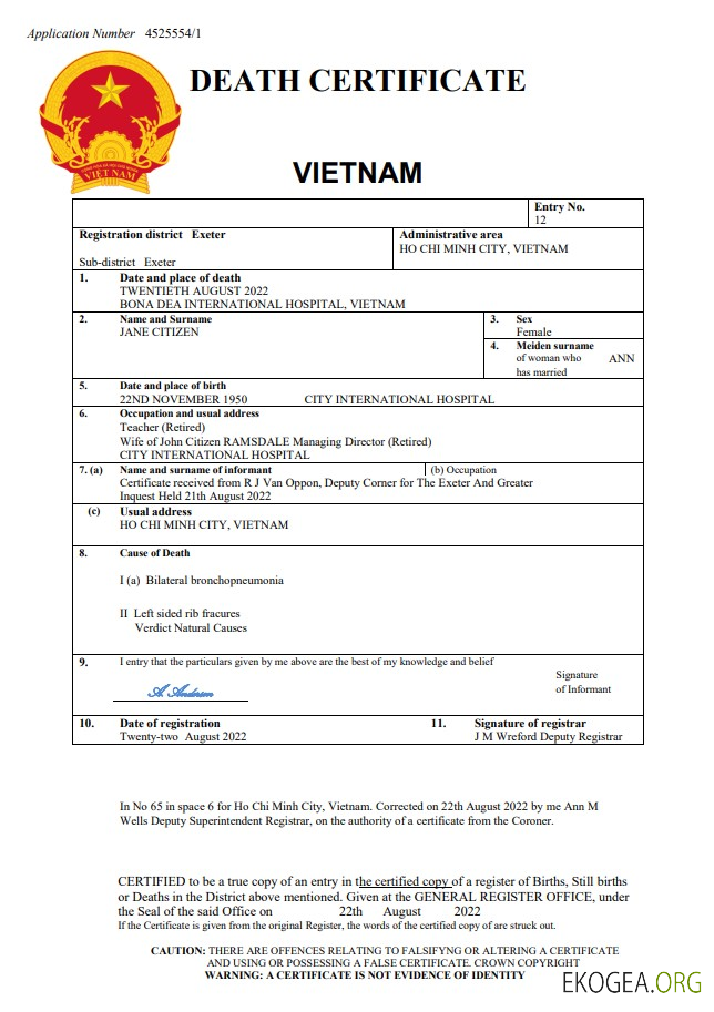 Modèle Word et PDF de certificat de décès de l'état civil du Vietnam